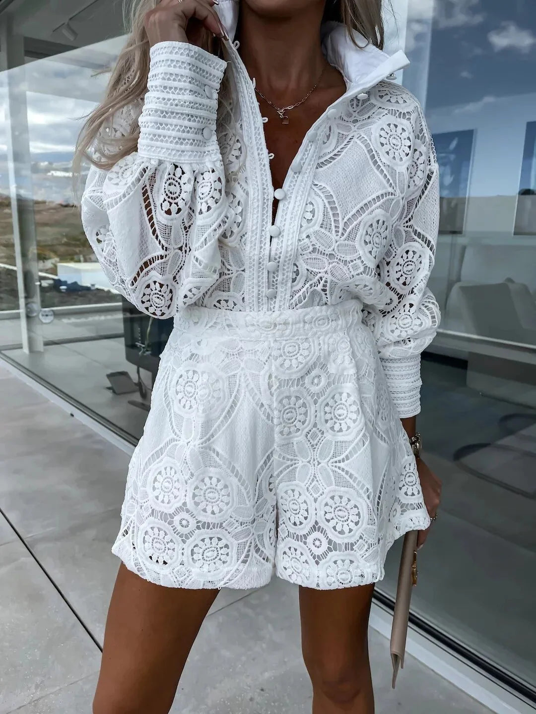 Orek Hollow out Blouse and shorts set