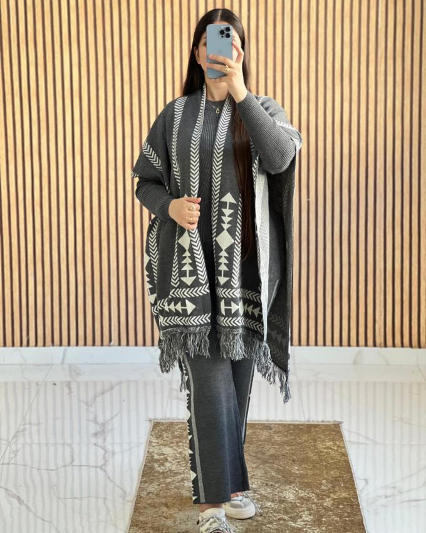 Aztec Knitwear Three - piece Poncho & Trousers Set