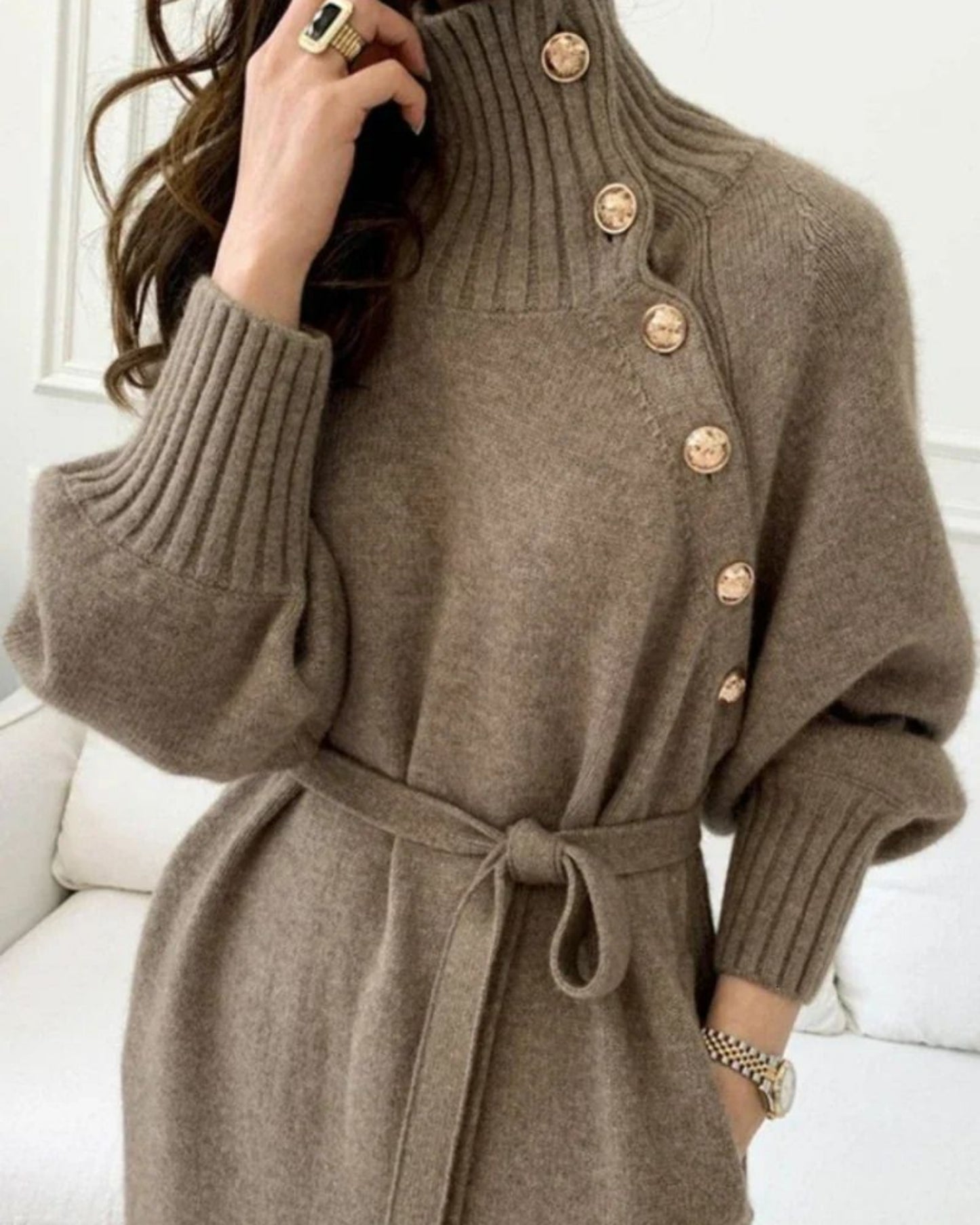 Boutique High-Neck Buttoned Knit Sweater