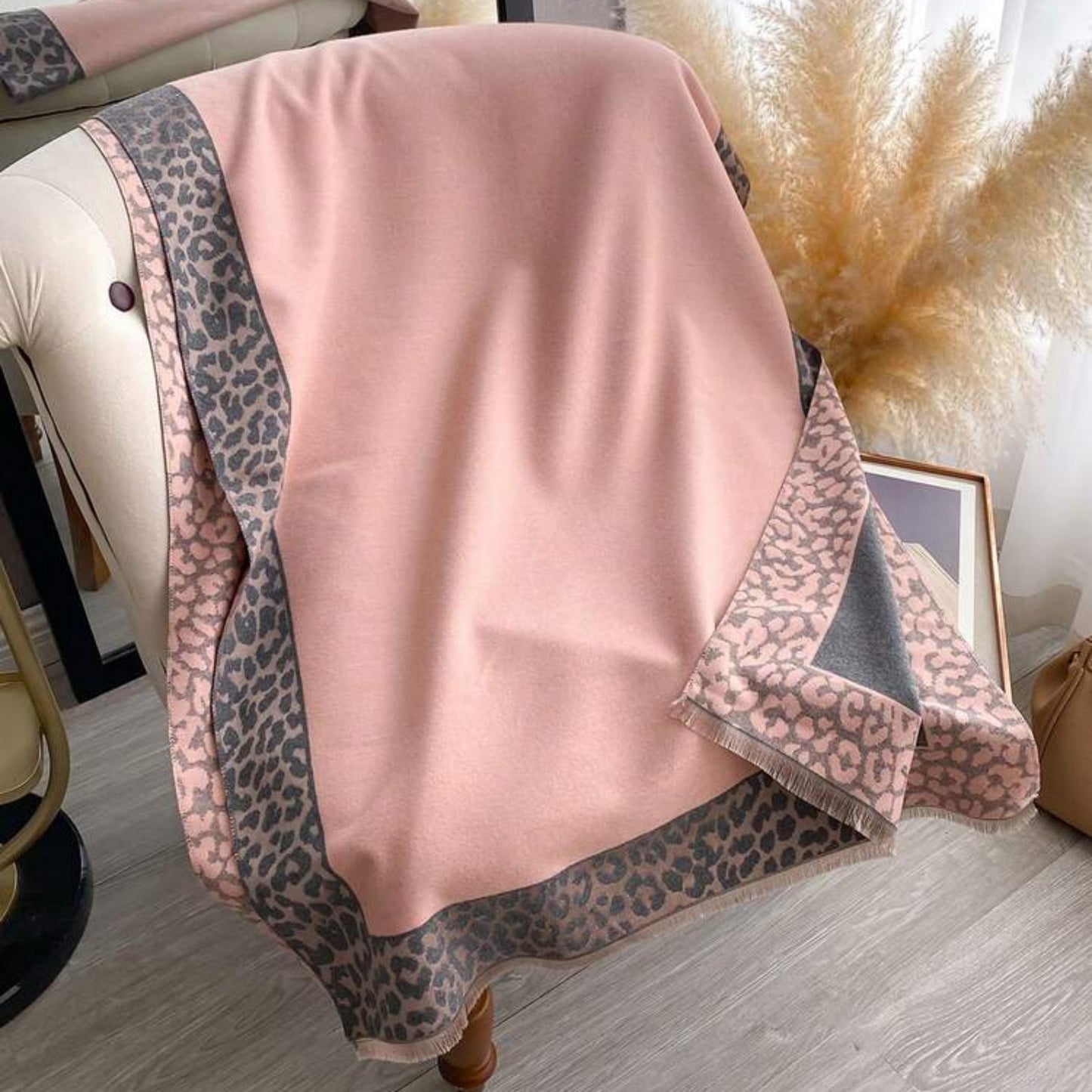 Dual-Sided Pink & Grey Leopard Print Scarf and Shawl