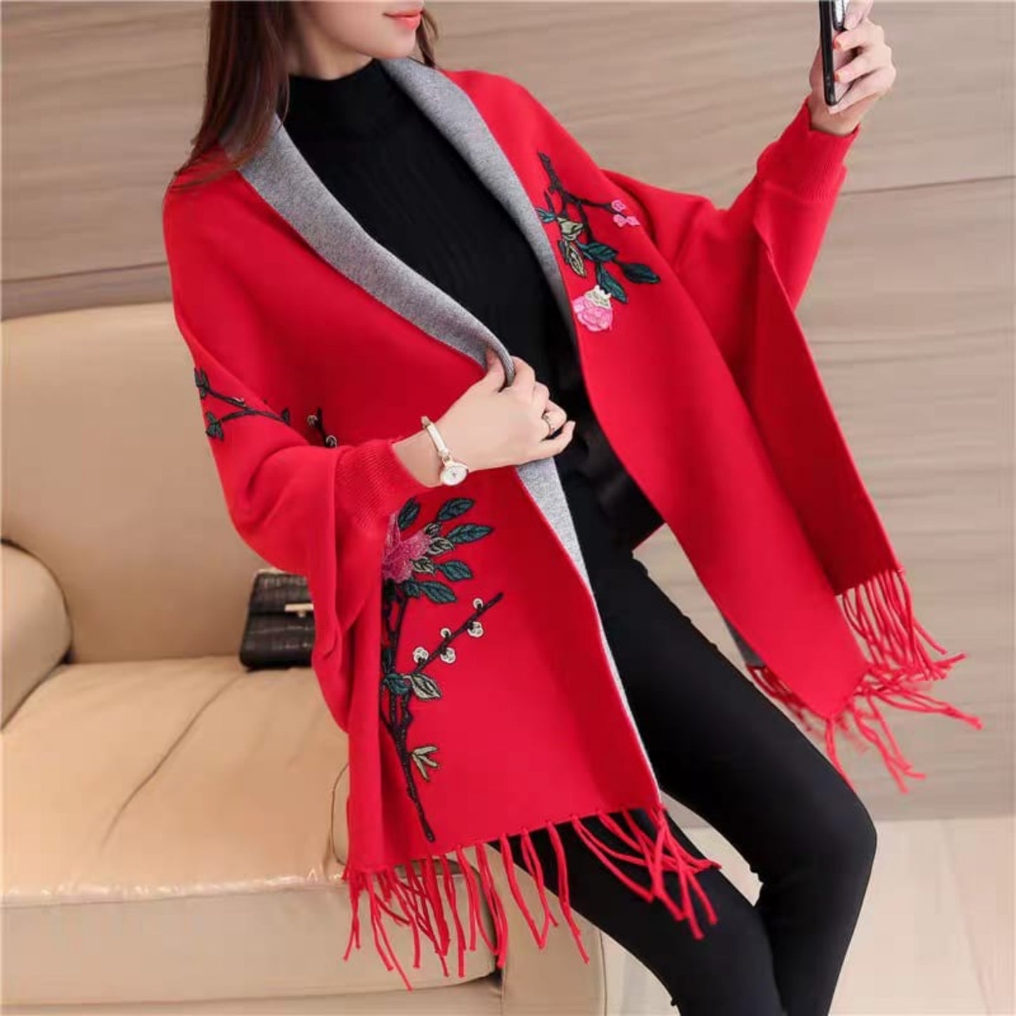 Embroidered Floral Shawl Wrap Cardigan with Fringe