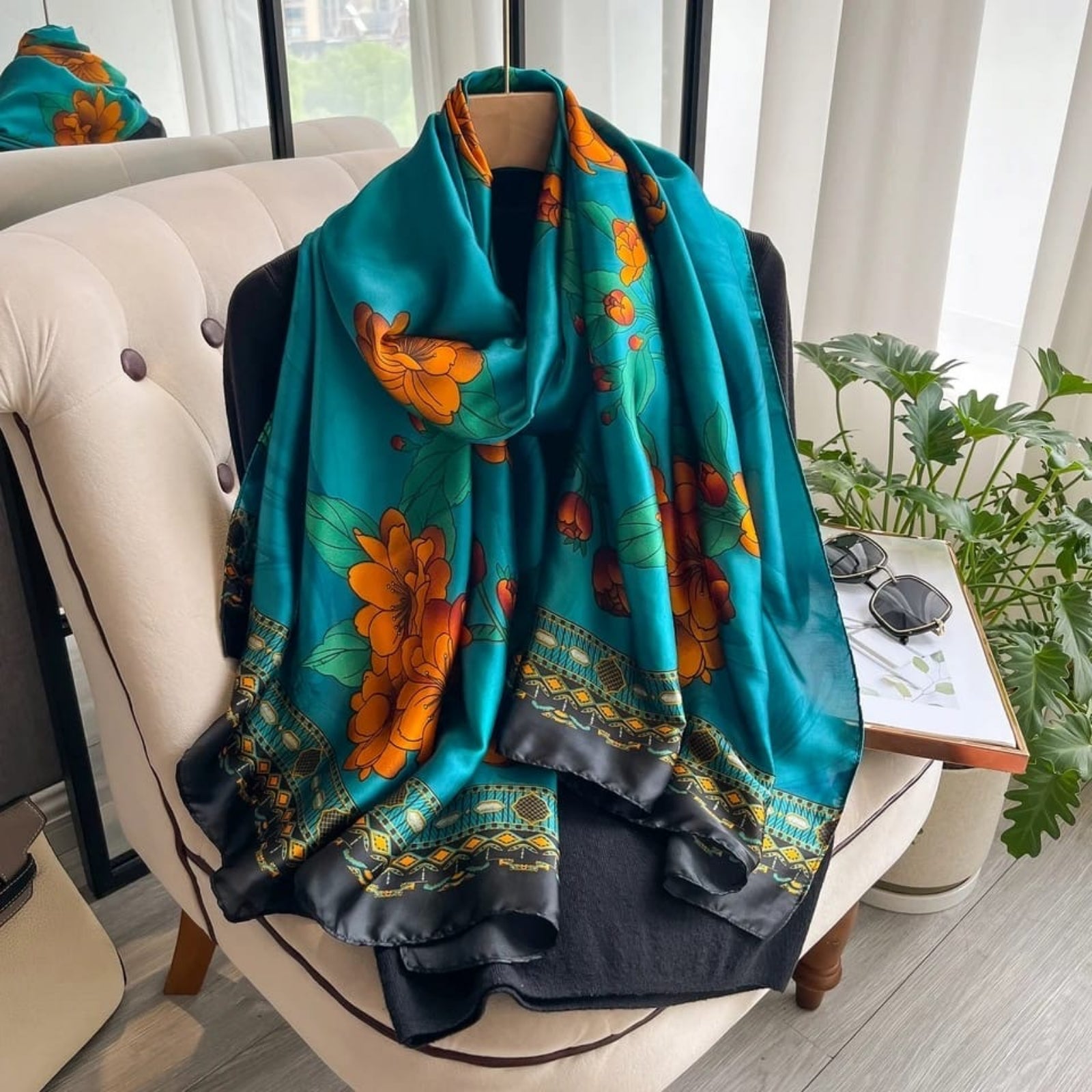 Emerald Bloom Luxe Silk Stole || Westery Fashion House