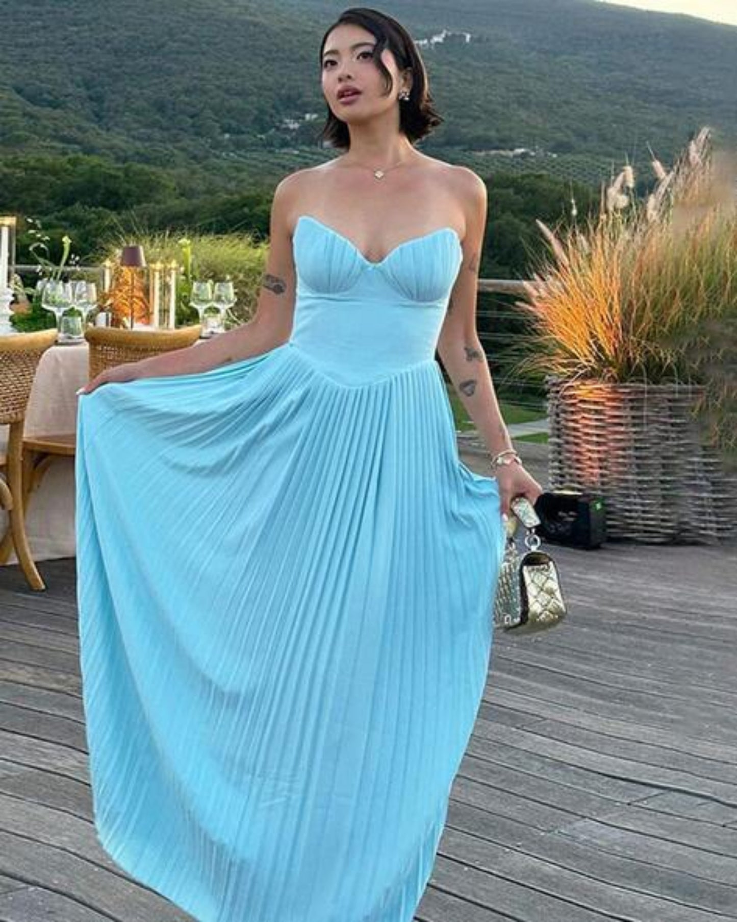 Macreal Elegant Pleated Strapless Maxi Dress