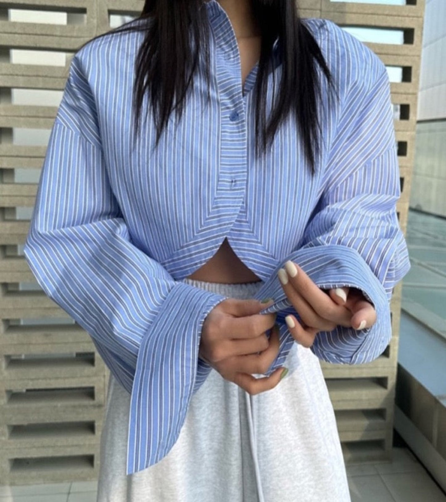 French Lapel Striped Crop Shirt