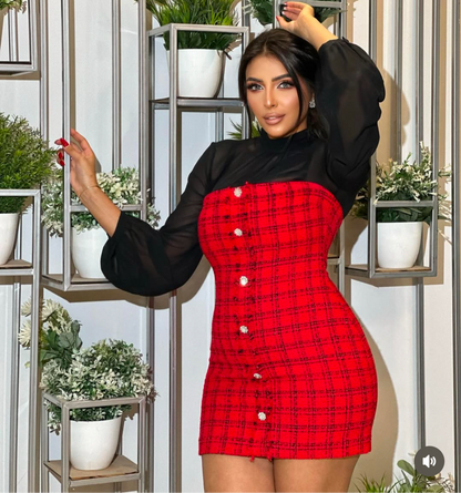 Red Plaid Mini Dress with Sheer Sleeves – Chic & Elegant Party Outfit