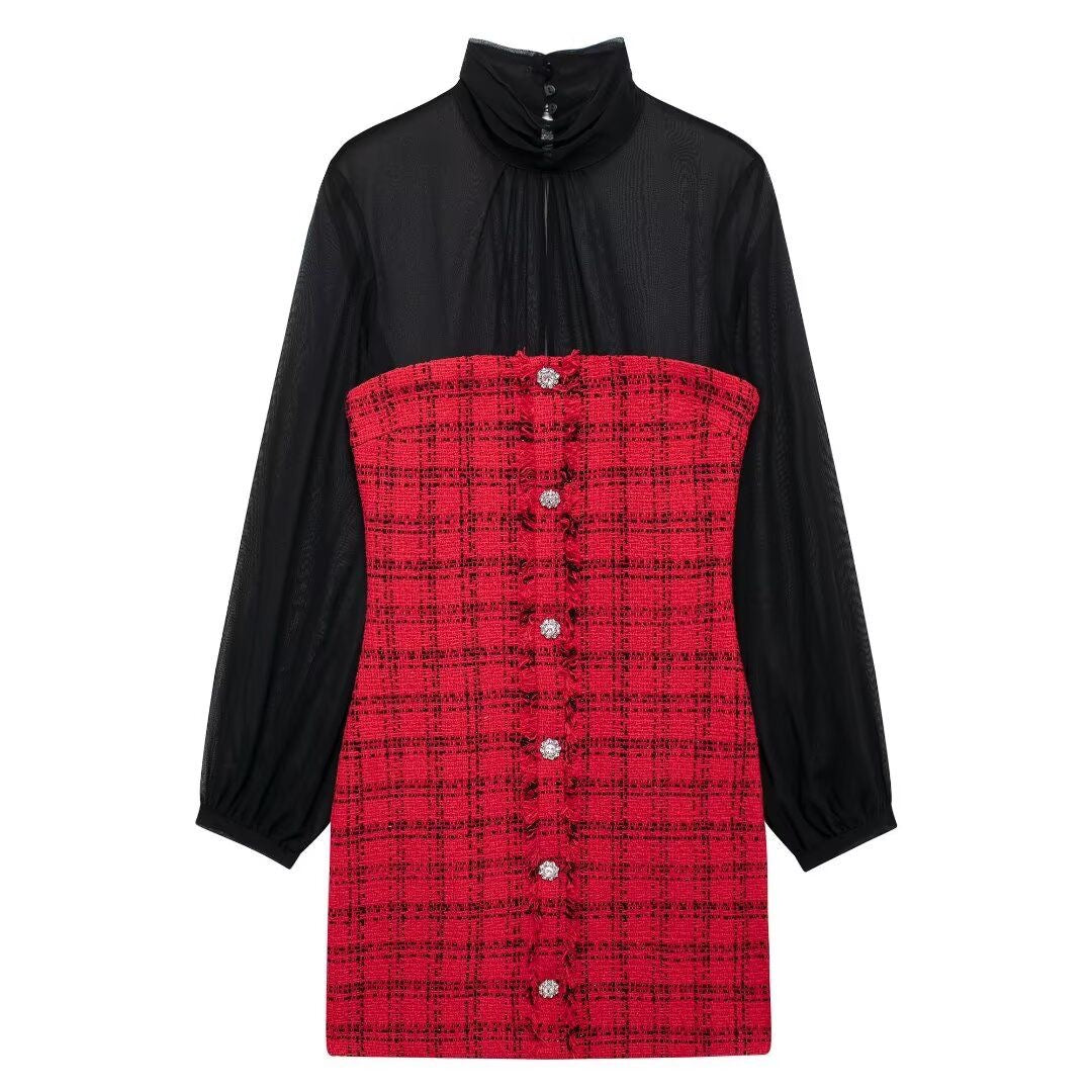 Red Plaid Mini Dress with Sheer Sleeves – Chic & Elegant Party Outfit