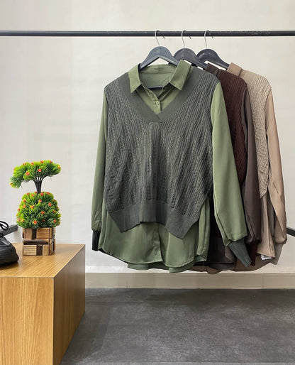 Elegant Satin Knit Overlay Shirt Top