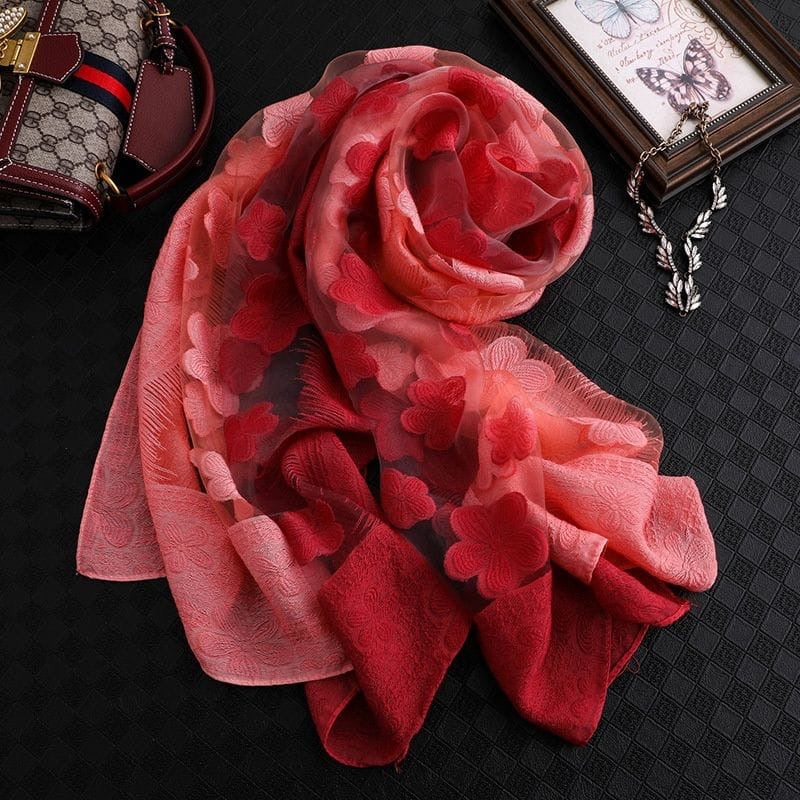 Red Luxury Lace Flocking Flower Scarf