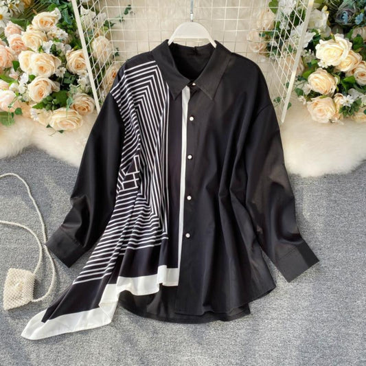 Tista Asymetric Printed Shirt- Black