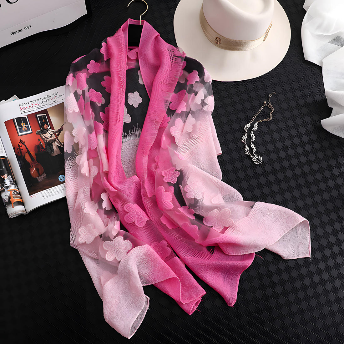 Pink Luxury Lace Flocking Flower Scarf