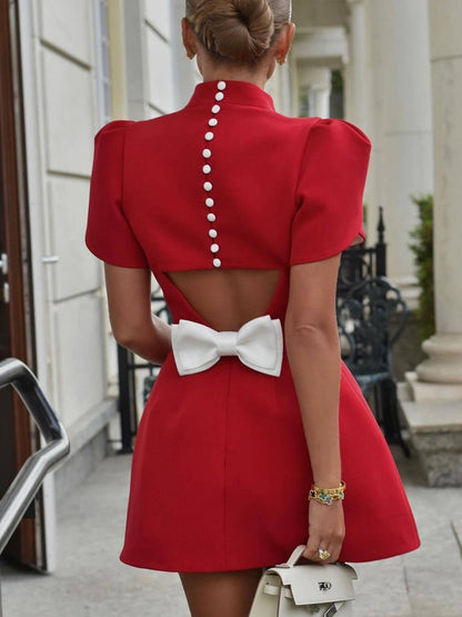 Hana Red Backless Bow Slit Mini Dress - Short Sleeve Party Outfit