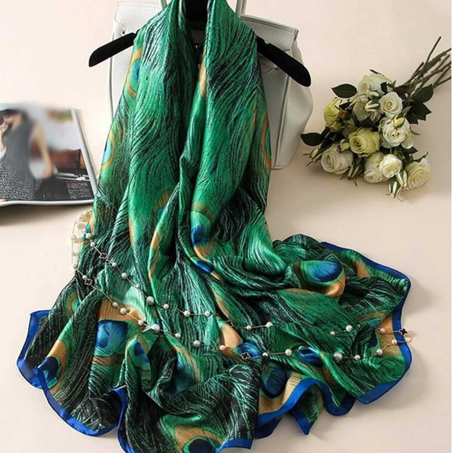 Grozy Peacock Print Satin Stole