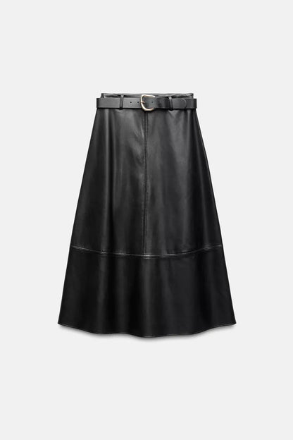 Ohio Black Faux Leather A-Line Skirt with Belt