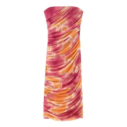 Tie-Dye Ruched Strapless Bandeau Midi Dress