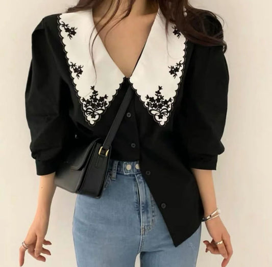 Brian Button-Up Shirt with Embroidered Oversized Collar