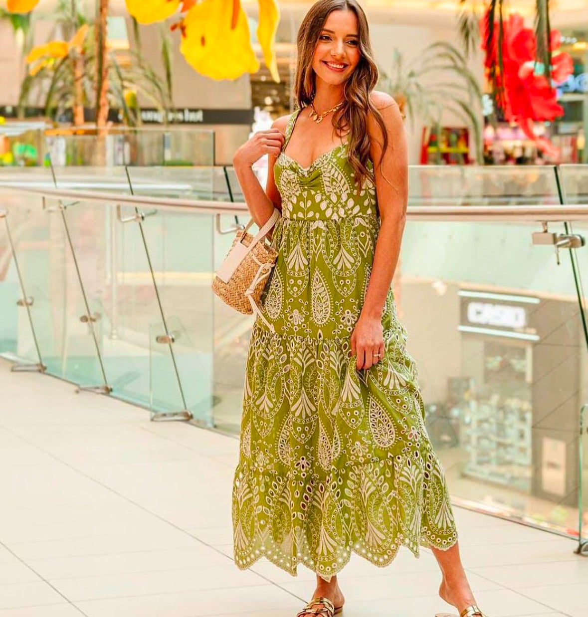 Boho Green Embroidered Midi Dress – Chic & Elegant Summer Wear