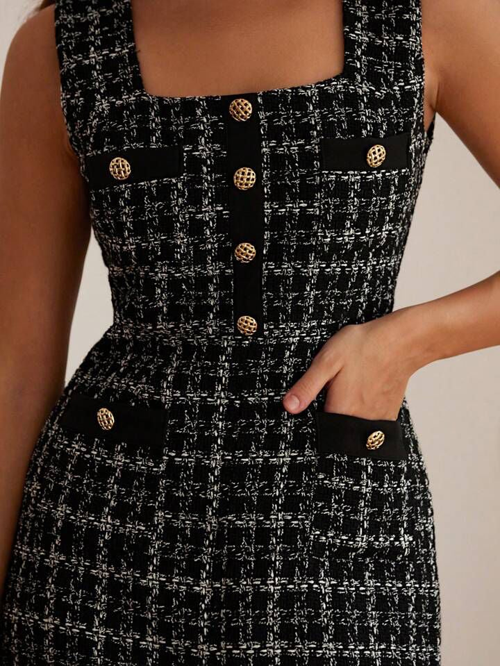 Cleo Vintage-Inspired Black Tweed Buttoned Dress - Elegant Classic Look