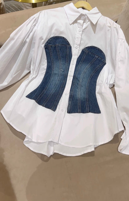 Lem White Button-Up Shirt with Denim Corset Effect