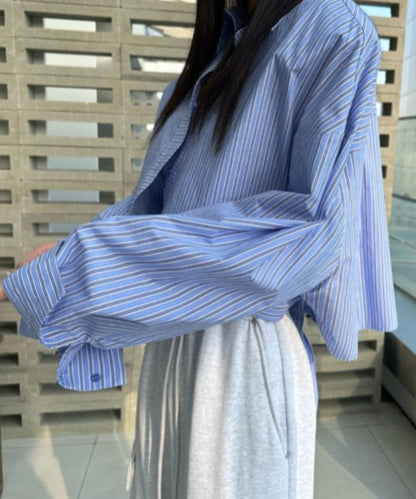 French Lapel Striped Crop Shirt