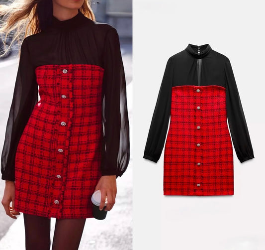 Red Plaid Mini Dress with Sheer Sleeves – Chic & Elegant Party Outfit