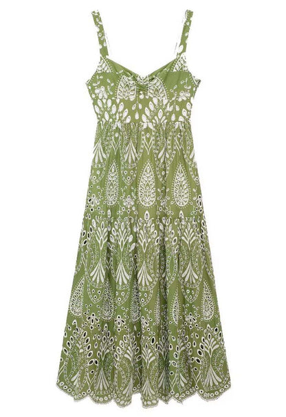 Boho Green Embroidered Midi Dress – Chic & Elegant Summer Wear