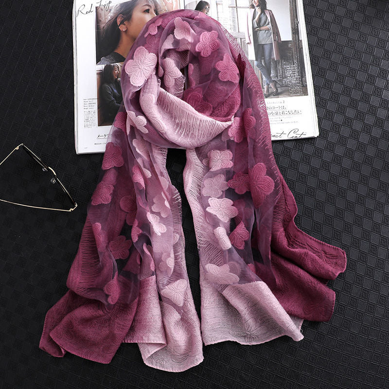 Burgundy Luxury Lace Flocking Flower Scarf