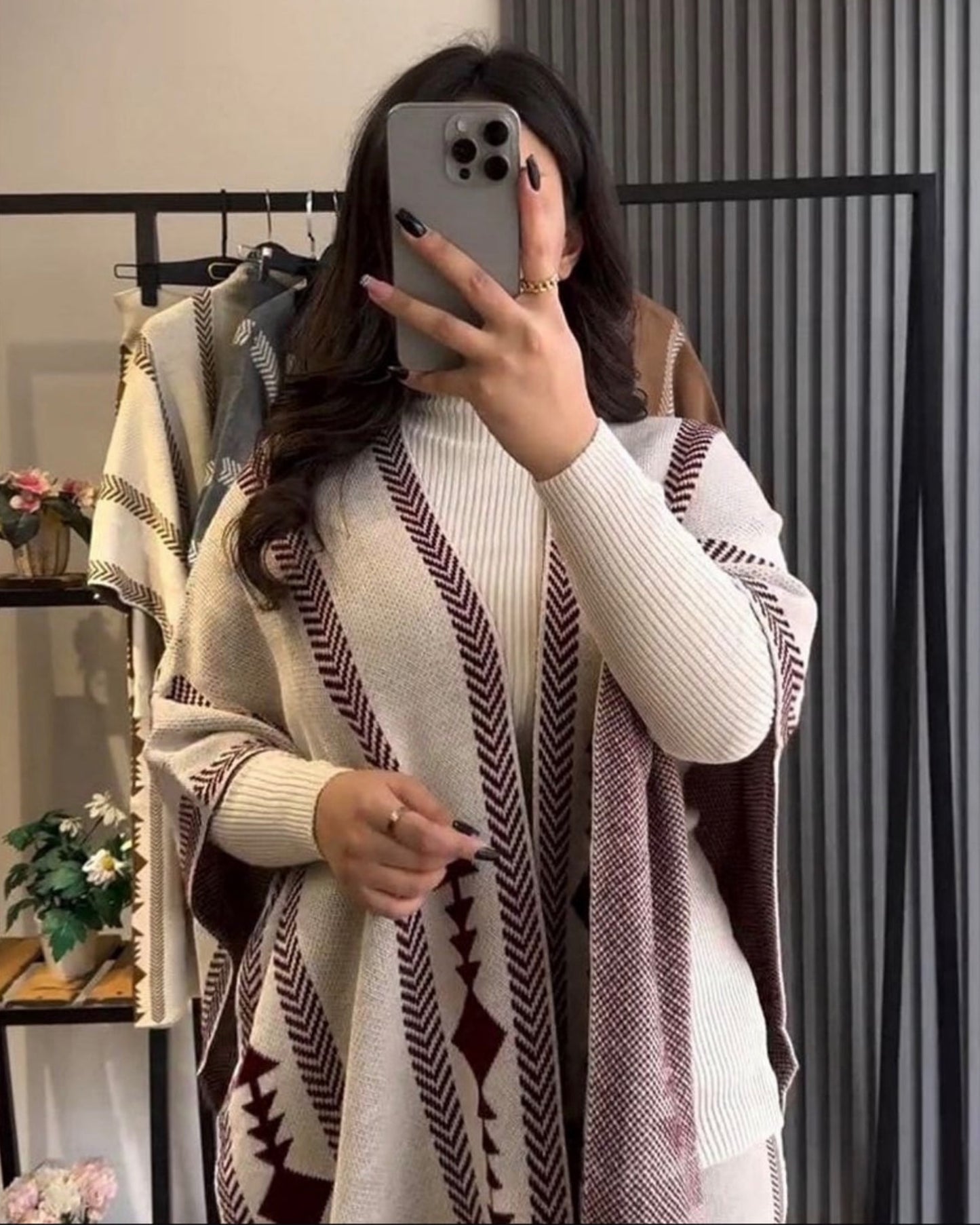 Aztec Knitwear Three - piece Poncho & Trousers Set