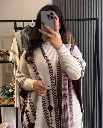 Aztec Knitwear Three - piece Poncho & Trousers Set