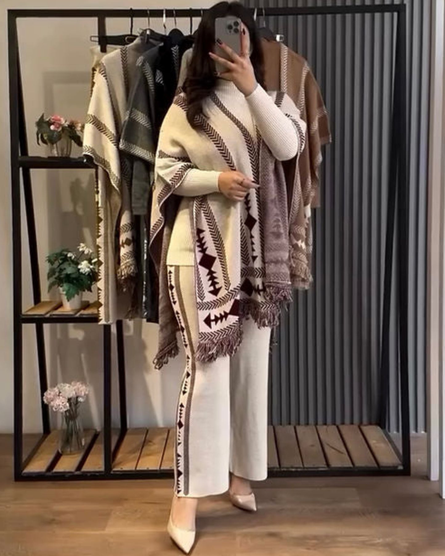 Aztec Knitwear Three - piece Poncho & Trousers Set