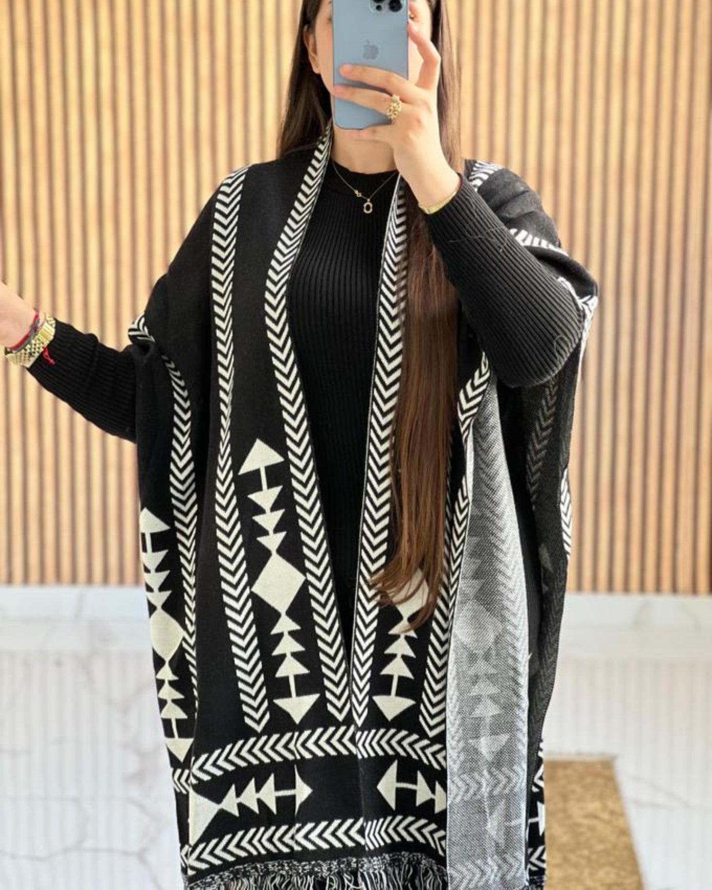Aztec Knitwear Three - piece Poncho & Trousers Set