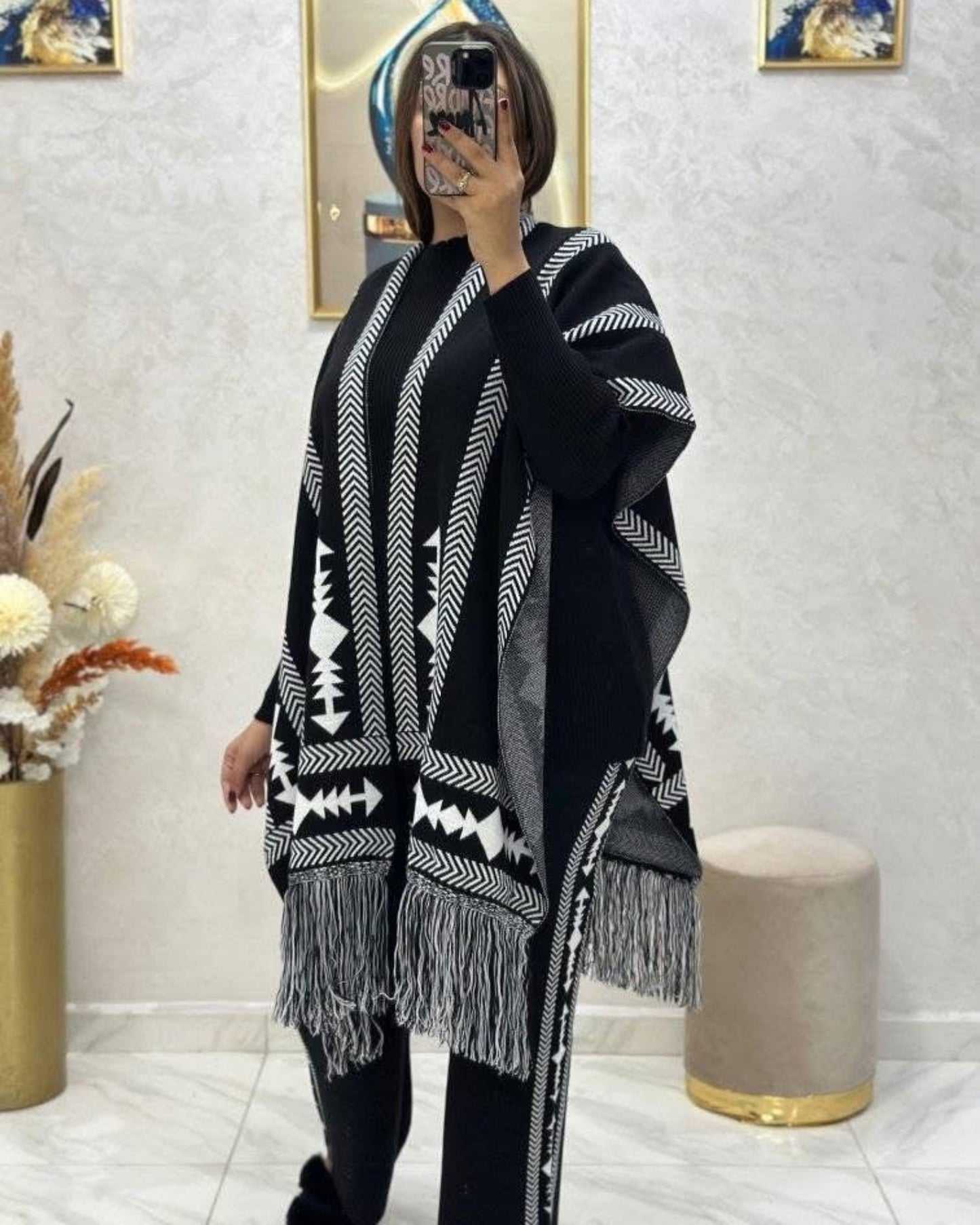 Aztec Knitwear Three - piece Poncho & Trousers Set