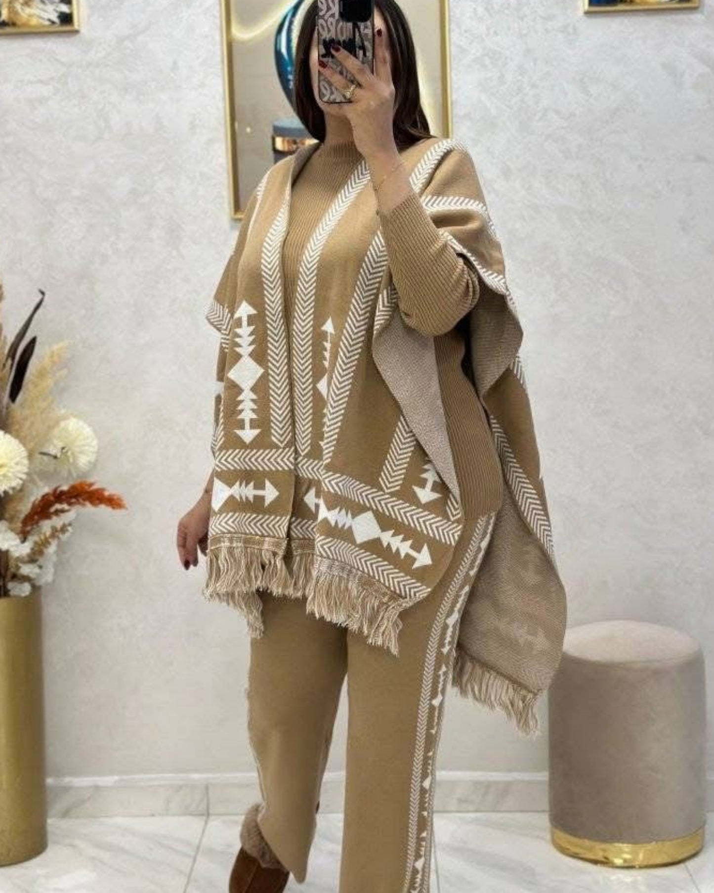 Aztec Knitwear Three - piece Poncho & Trousers Set