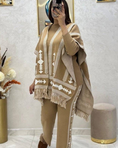Aztec Knitwear Three - piece Poncho & Trousers Set
