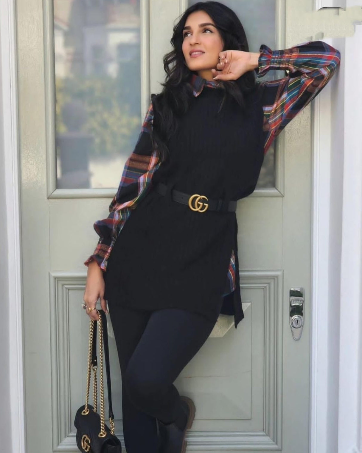 Belted Knit Vest & Plaid Layering Set