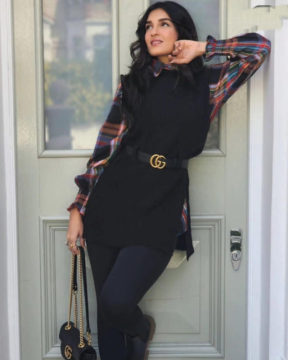 Belted Knit Vest & Plaid Layering Set