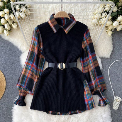 Belted Knit Vest & Plaid Layering Set