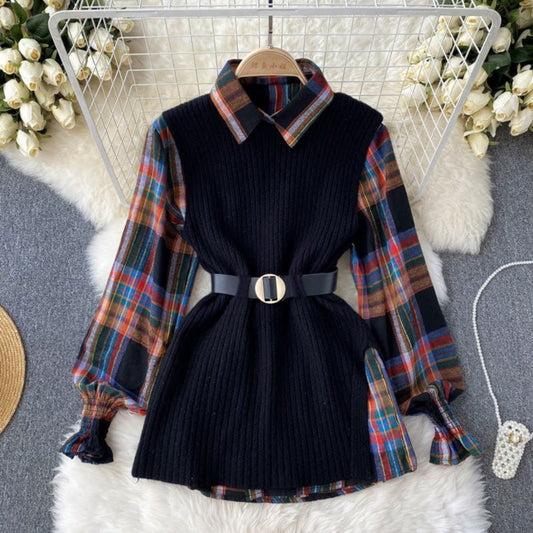 Belted Knit Vest & Plaid Layering Set