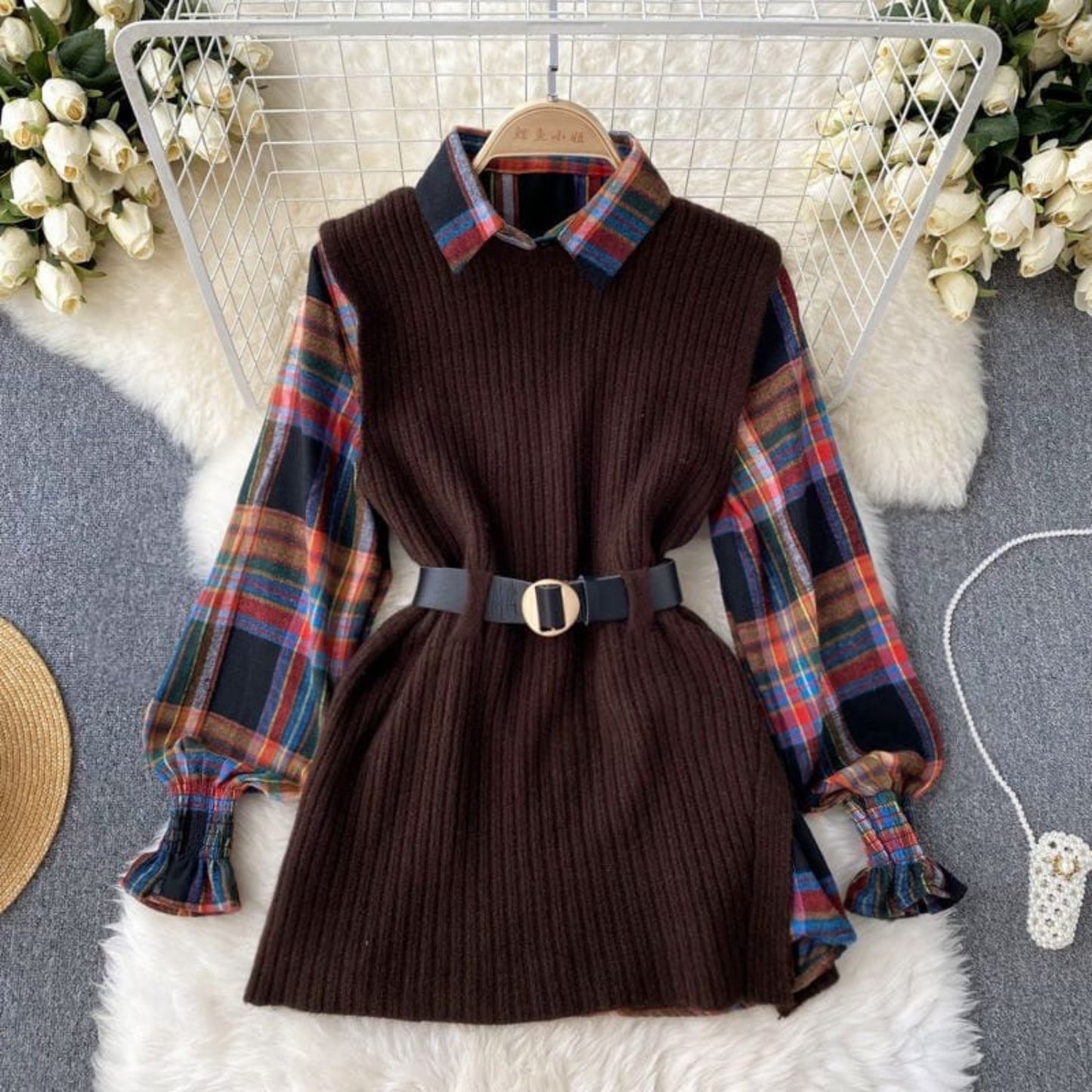 Belted Knit Vest & Plaid Layering Set