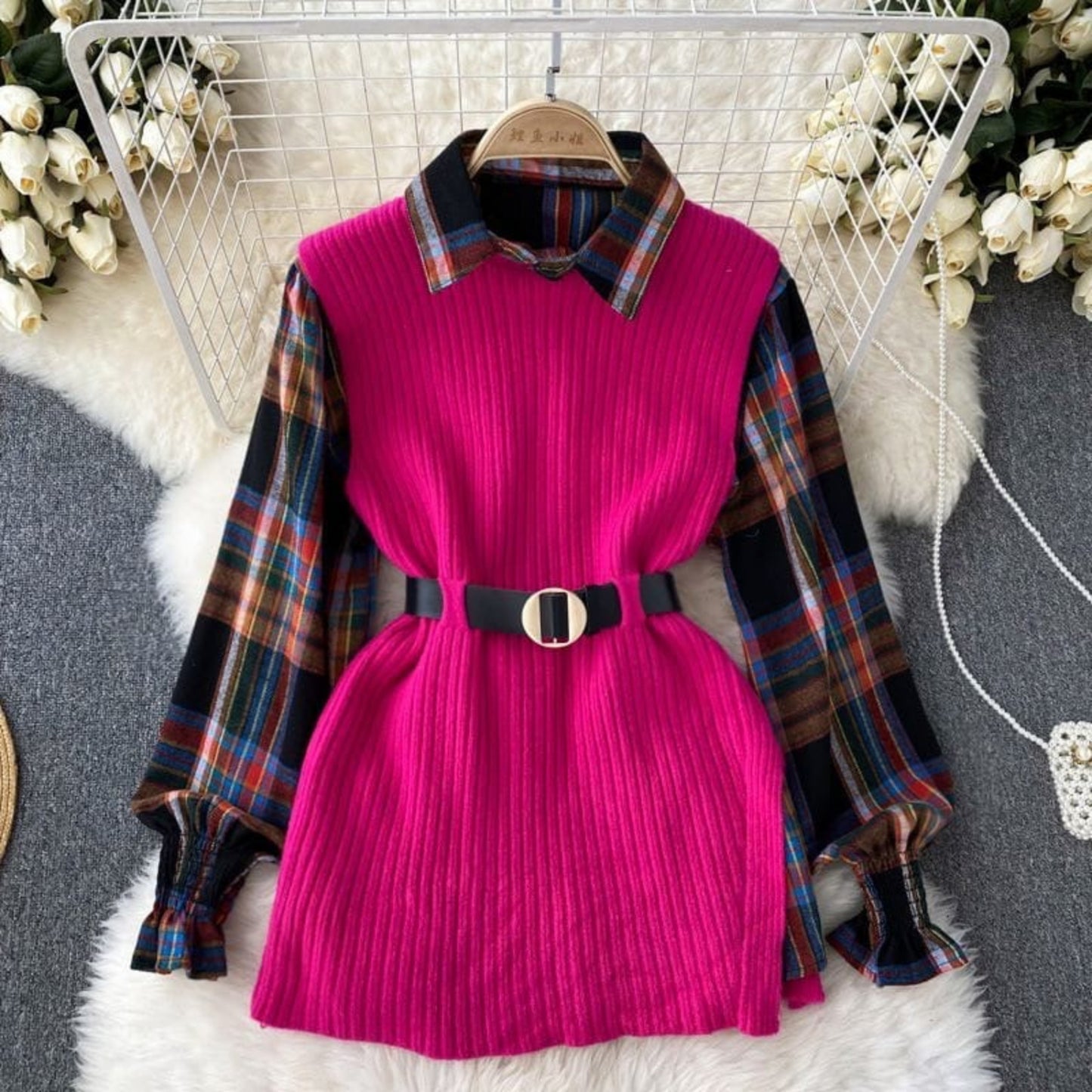 Belted Knit Vest & Plaid Layering Set