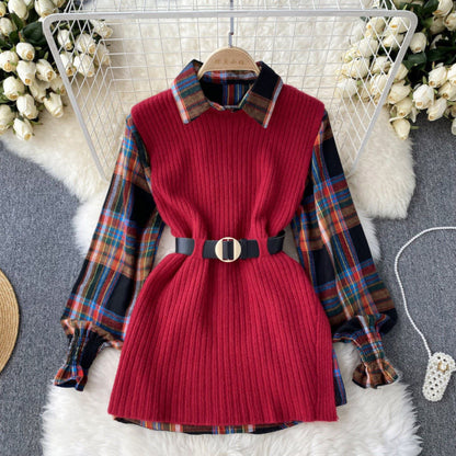 Belted Knit Vest & Plaid Layering Set