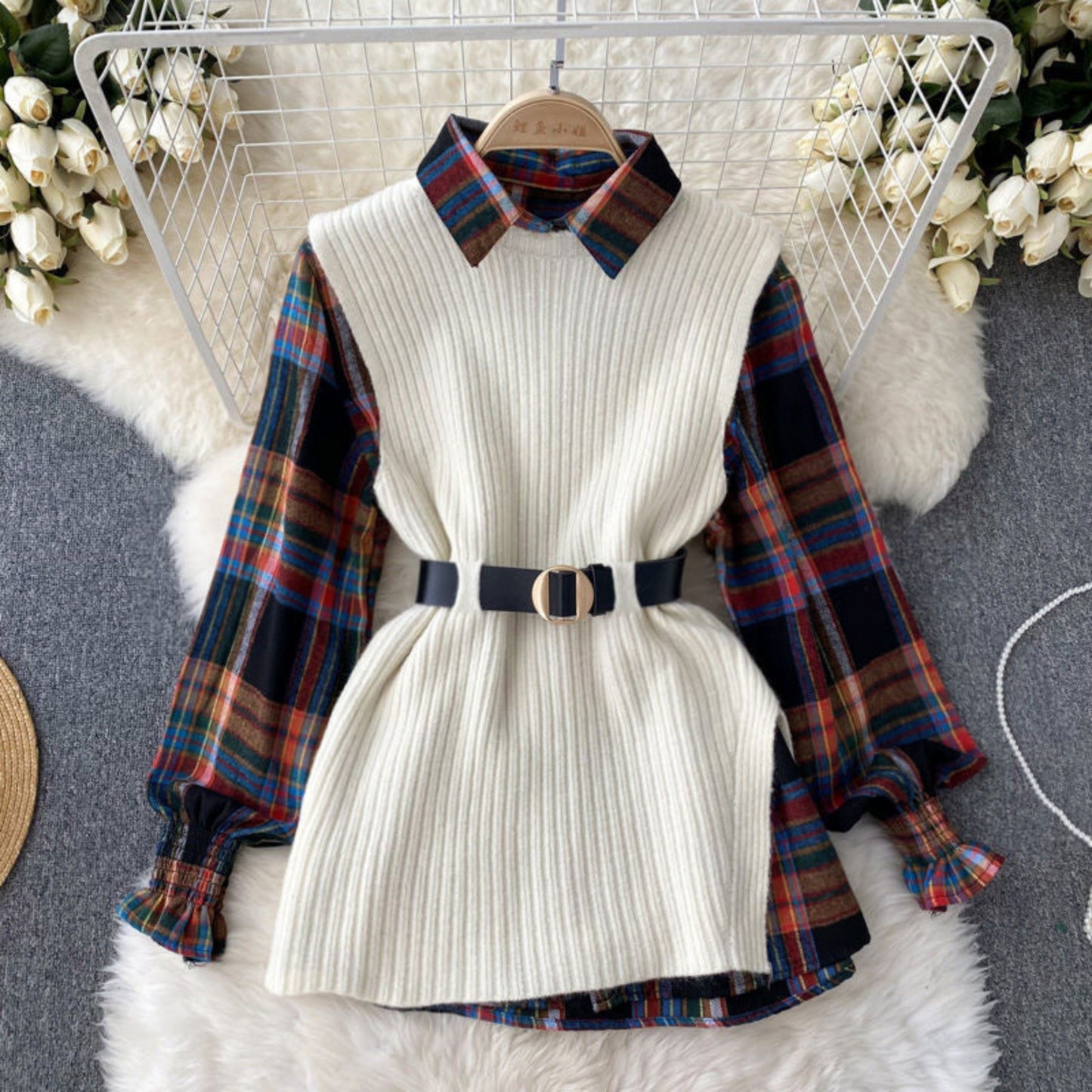 Belted Knit Vest & Plaid Layering Set