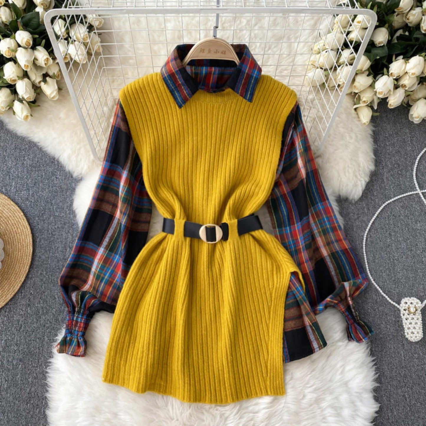 Belted Knit Vest & Plaid Layering Set