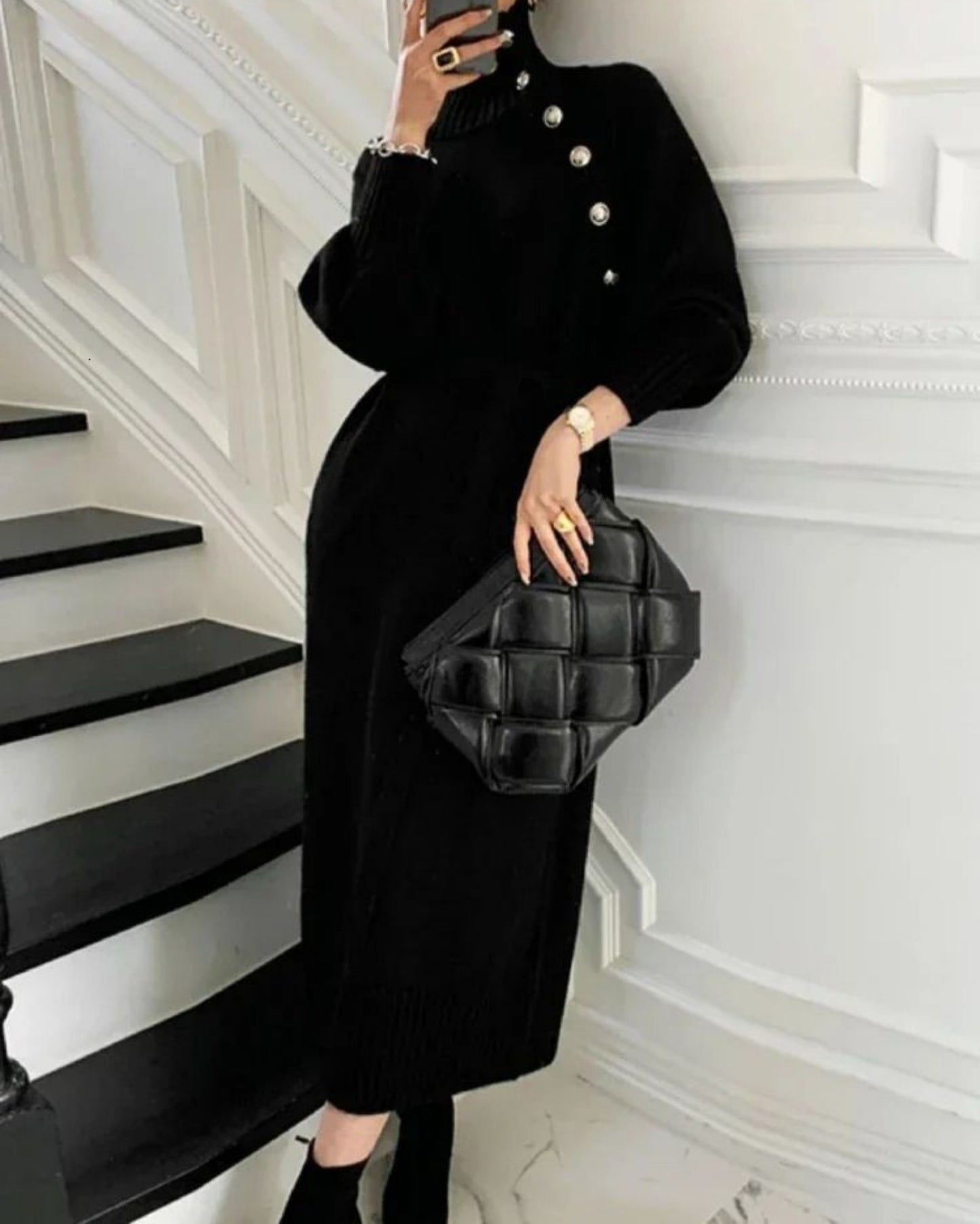 Boutique High-Neck Buttoned Knit Sweater