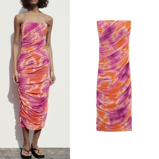 Tie-Dye Ruched Strapless Bandeau Midi Dress