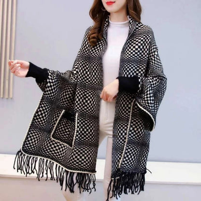 Chess Weave Winter Wrap Shawl with Pockets