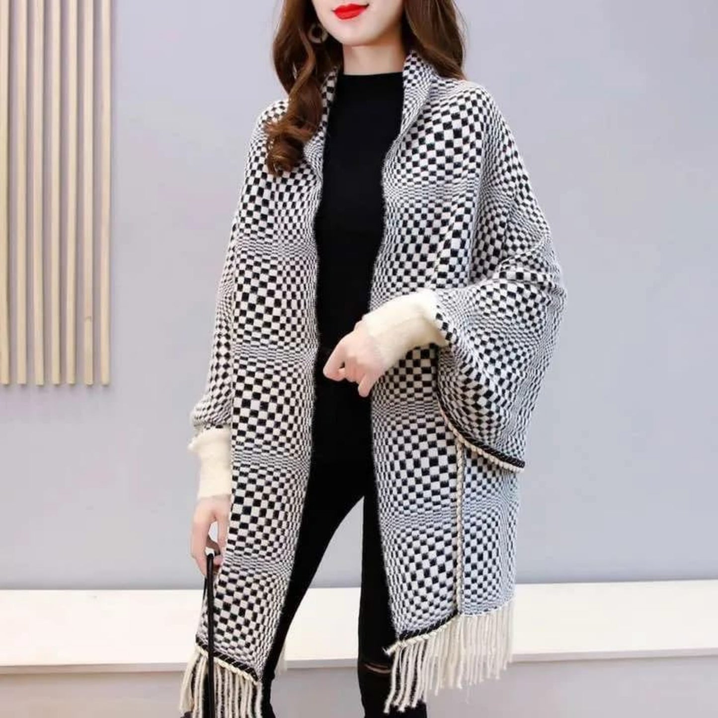 Chess Weave Winter Wrap Shawl with Pockets