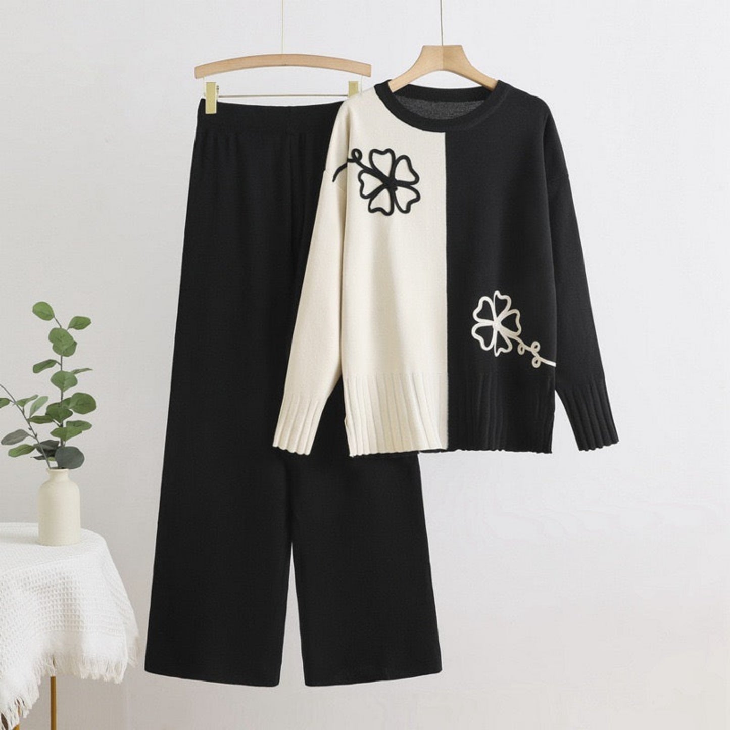 Chic Color Block Knitted Sweater & Wide-Leg Pant Set