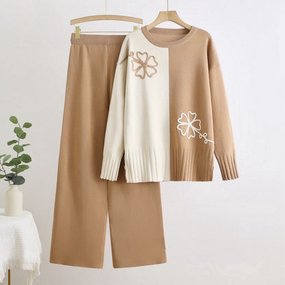 Chic Color Block Knitted Sweater & Wide-Leg Pant Set