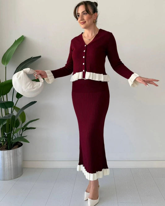 Chic Contrast Ruffle Trim Knit Co-ord Set