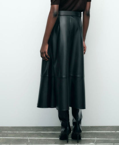 Ohio Black Faux Leather A-Line Skirt with Belt